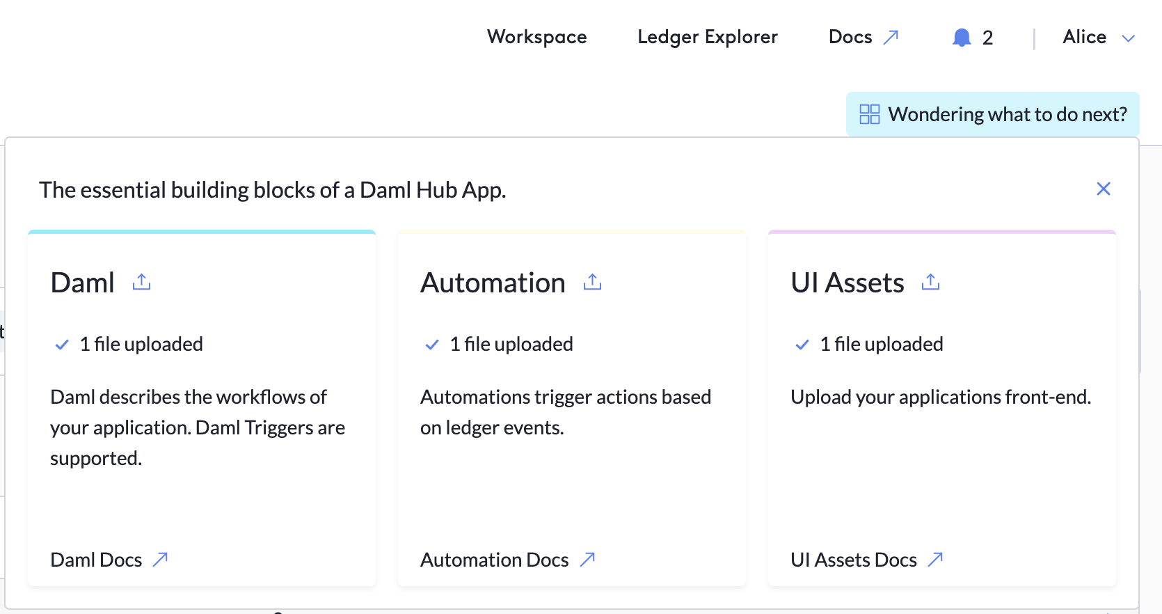 The Quick Build page, with the Daml, Automation, and UI Asset tiles.