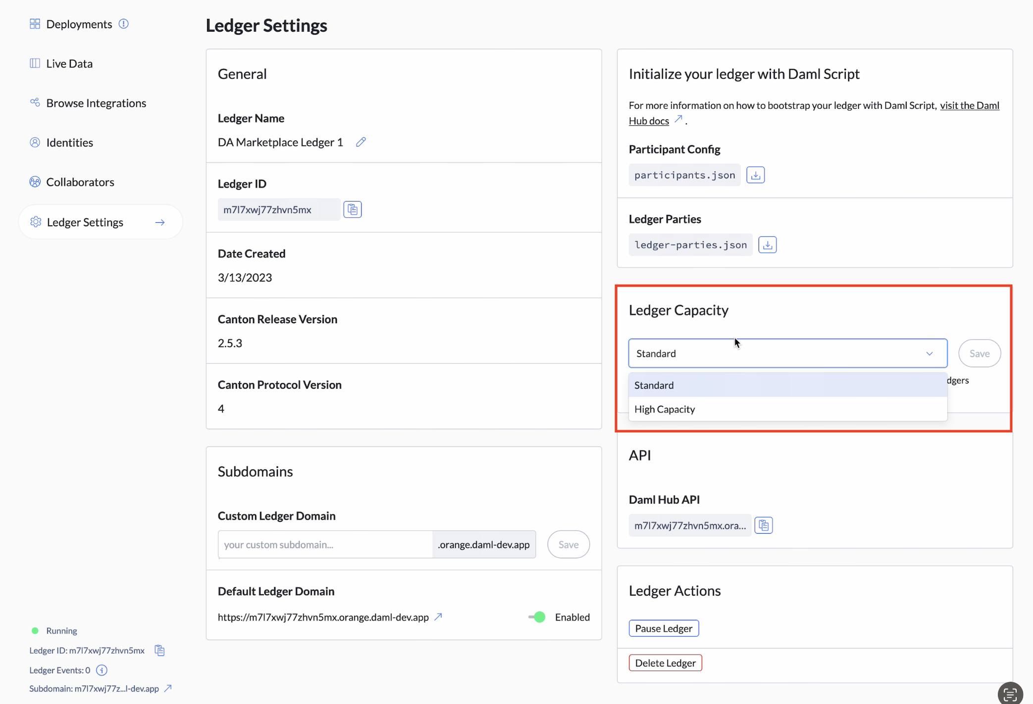 The Ledger Settings page, with the Ledger Capacity field highlighted and Standard selected in that field.