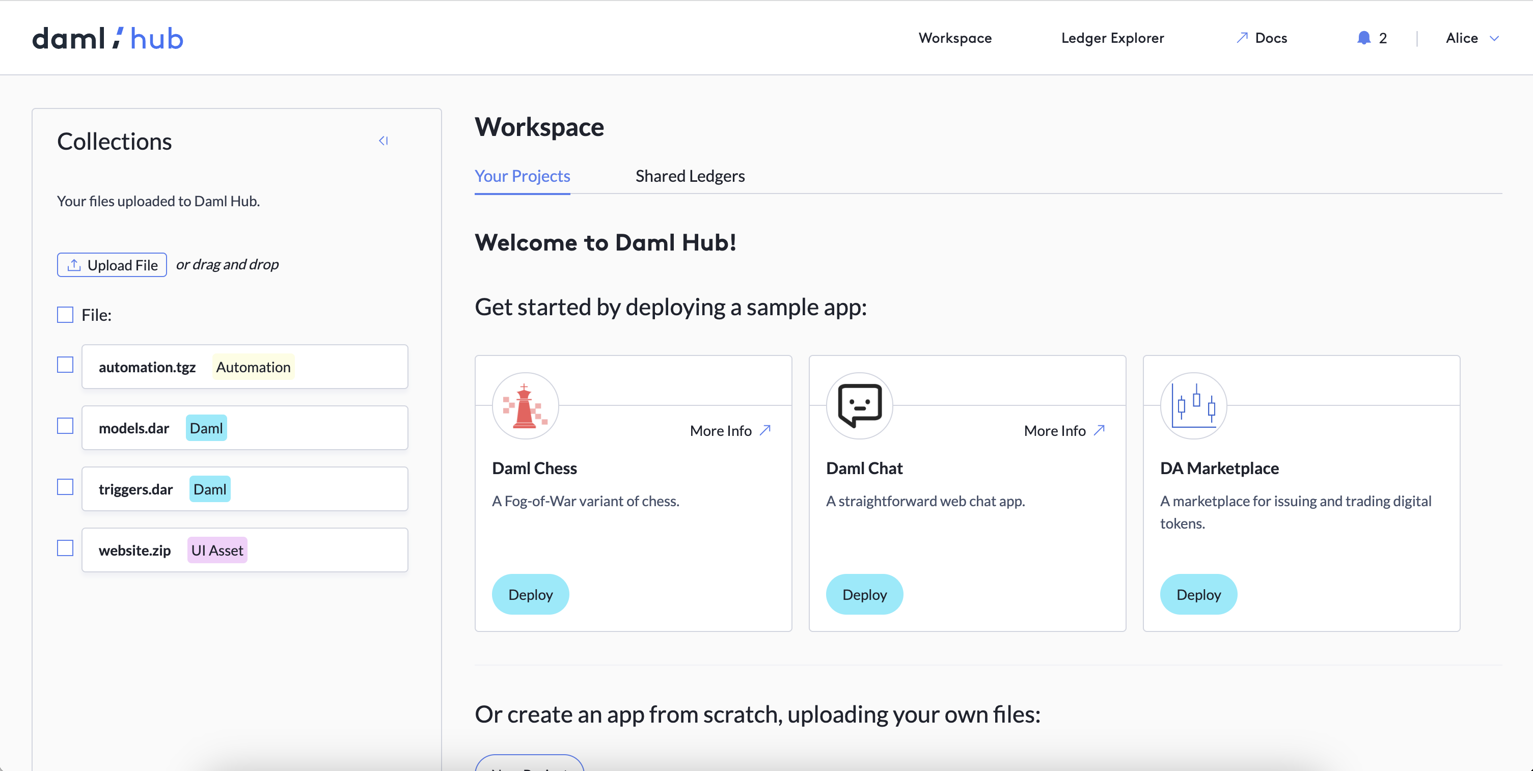 The workspace in the Daml Hub UI, focused in the Your Projects zone, with the Welcome to Daml Hub! message and sample apps.