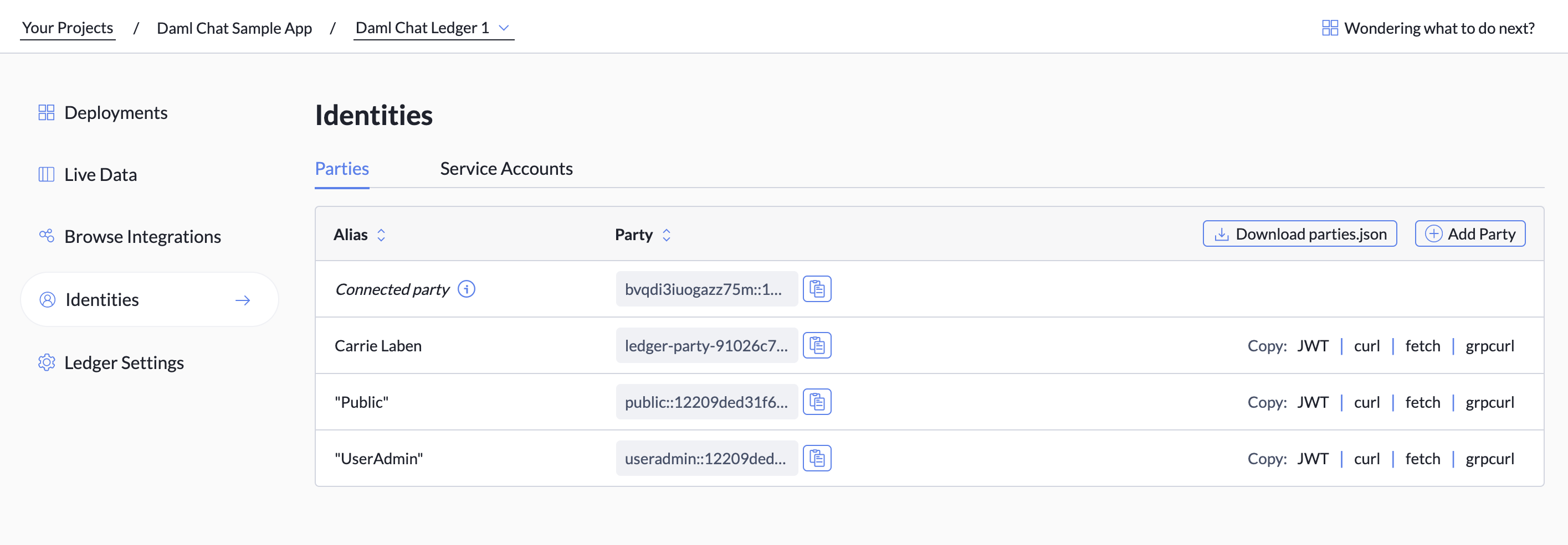 The Parties zone of the Identities tab, showing a table with four parties.