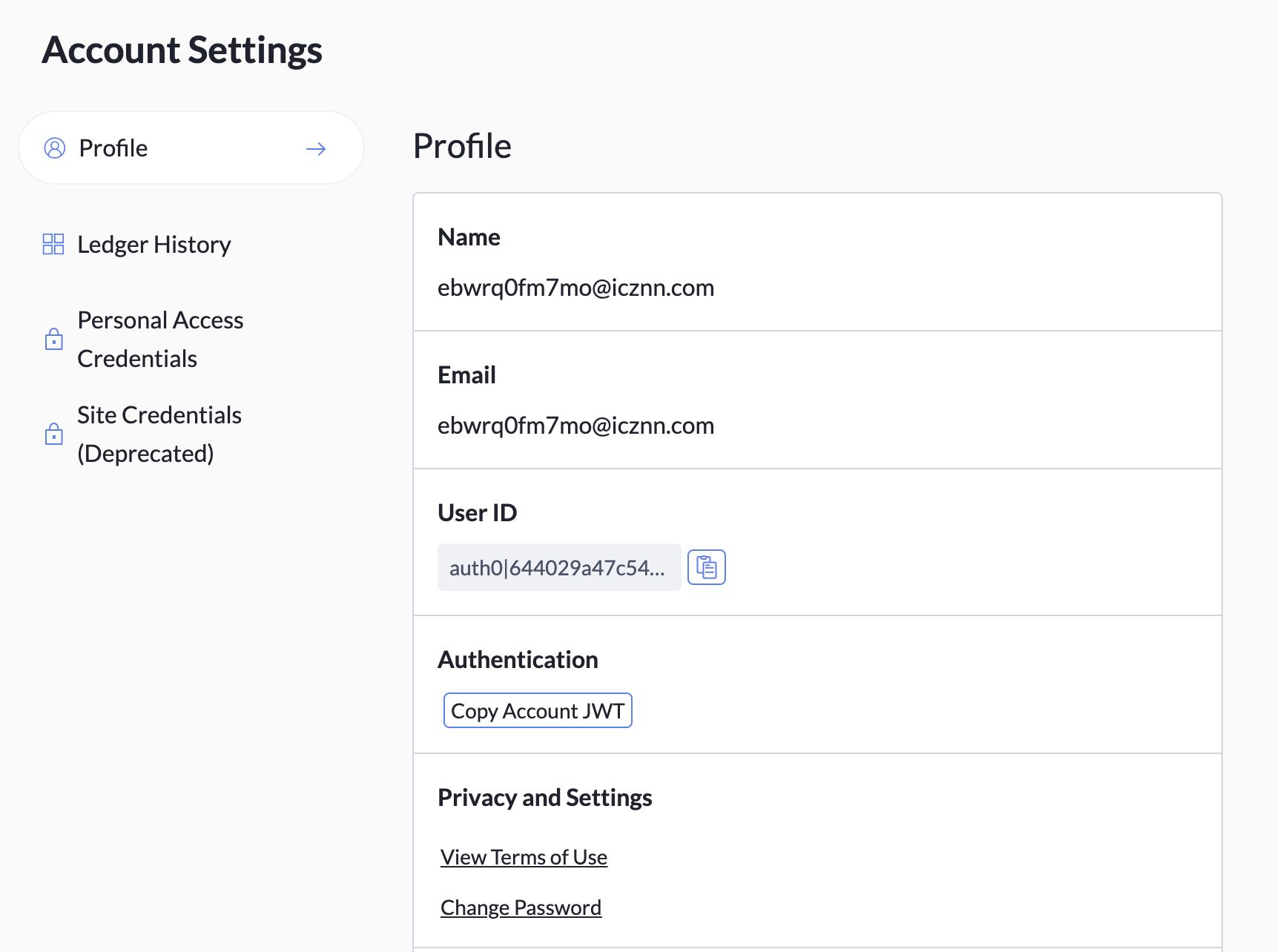 The Profile tab with the fields Name, Email, User ID, Authentication, and Privacy and Settings