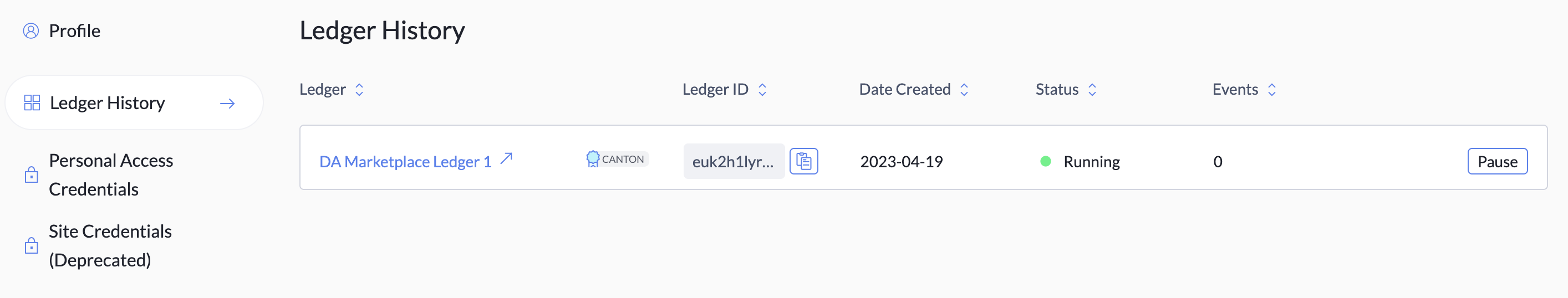 The Ledger History tab with information for one ledger