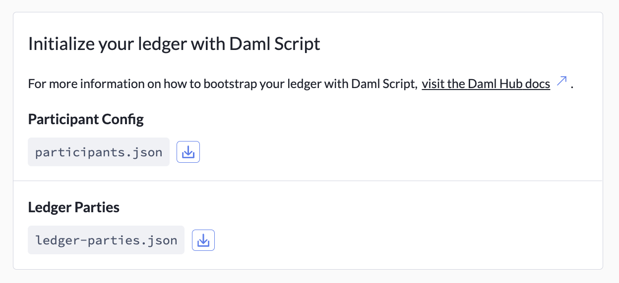 The Initialize your ledger with Daml Script section of the Ledger Settings tab, with the Participant Config and Ledger Parties fields.