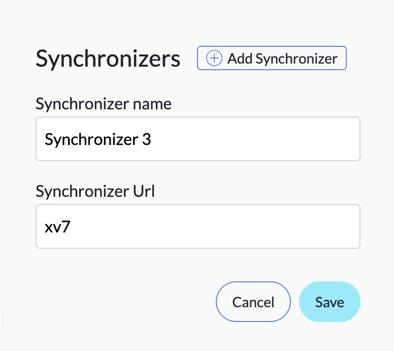 Saved Synchronizers tab with fields for adding a synchronizer to the list.