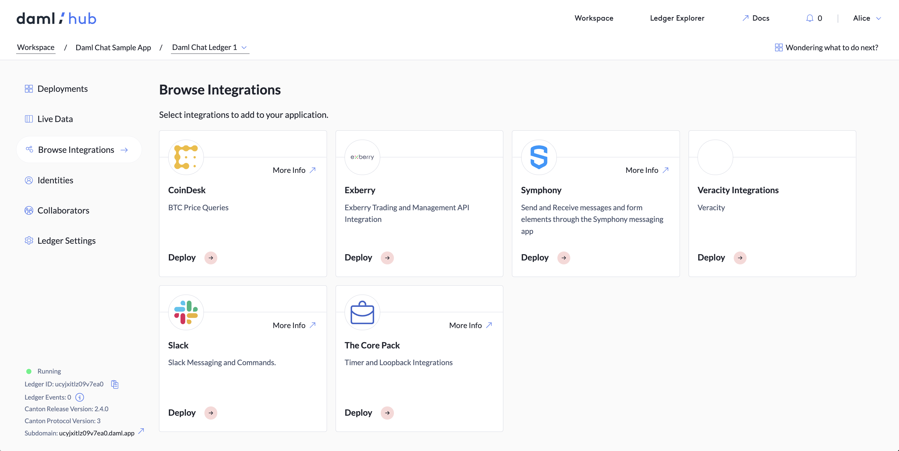 The Integrations tab with integrations for the Daml Chat sample app.